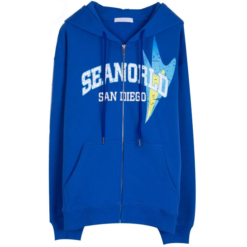 San Diego Embroidery Street Hoodie, , women clothing, hooded-commuter-cotton-korean-style-sweatshirt, blue, fairypeony