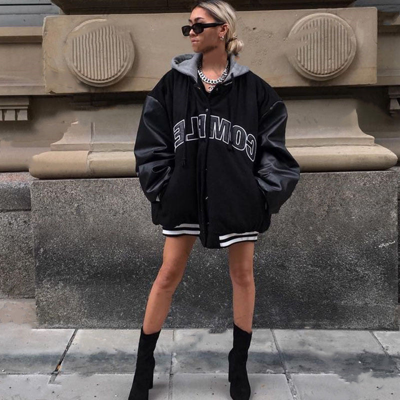 Street Hooded Varsity Jacket, , women clothing, street-hooded-varsity-jacket, black, fairypeony