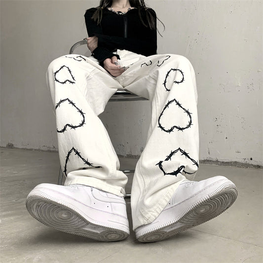 Thorns Hearts Street Pants, , women clothing, thorns-hearts-street-pants, black, L, M, S, white, XL, fairypeony