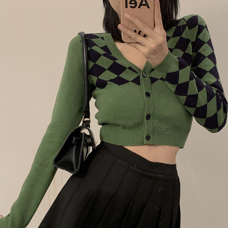 Vintage Crop Argyle Cardigan, , women clothing, vintage-crop-argyle-cardigan, green, fairypeony