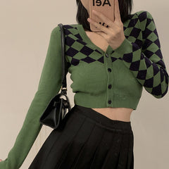 Vintage Crop Argyle Cardigan, , women clothing, vintage-crop-argyle-cardigan, green, fairypeony