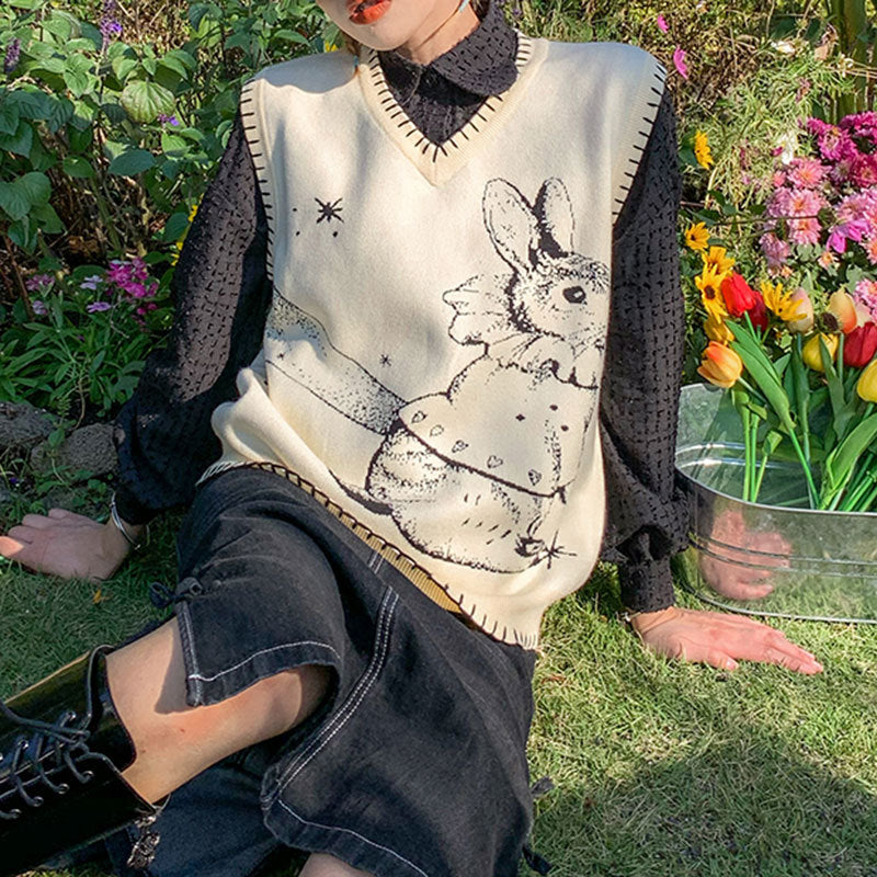 Wonderland Rabbit Knit Vest, , women clothing, wonderland-rabbit-knit-vest, M, S, white, fairypeony