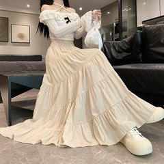 Solid Color High Waist Umbrella Maxi Skirt