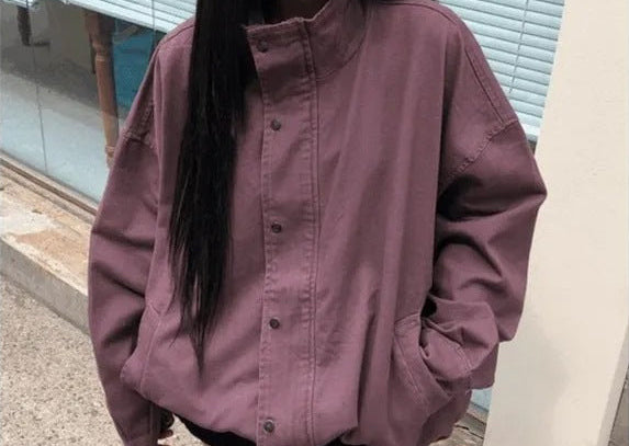 Vintage stand collar drawstring jacket in Purple
