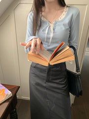 Lace Trim Front Tie Long Sleeve Tee