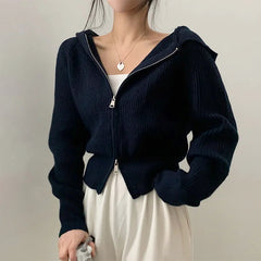 Double-headed Zipper Solid Color Hooded Cardigan