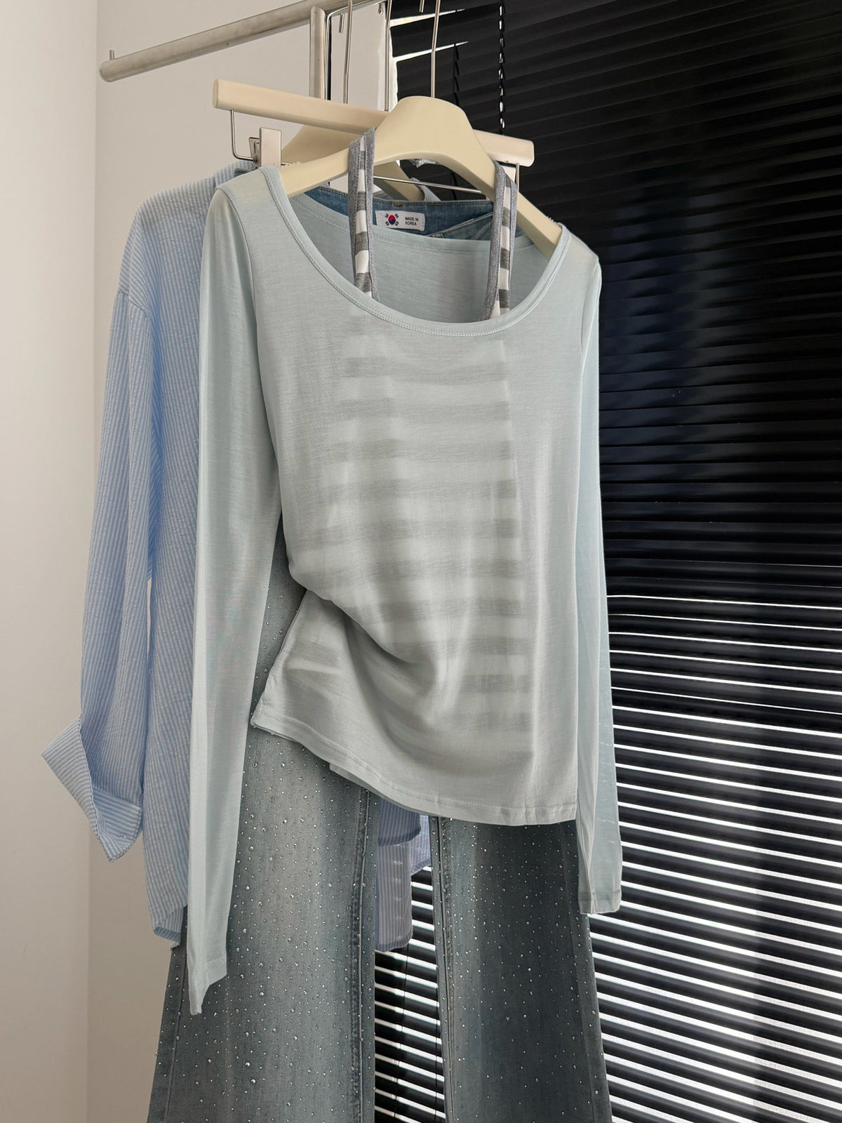 Faux Two-Piece Long Sleeve T-Shirt Set – Slim Fit Layered Tee with Striped Halter Cami in Green & Black (S–M)