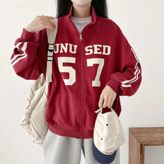 Vintage Number Print Oversized Zip Up Jacket