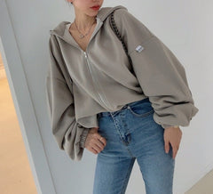 Solid Color Oversized Zip Up Hoodie
