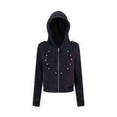 Vintage Hooded Sweater – Detachable Hood Metal Button Cotton Sweater in 2 Colours