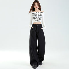 Black Wide-Leg Suit Pants Mid-High Waist Loose Casual Trousers