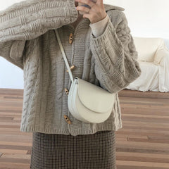 Solid Cable Knit Horn Buckle Hooded Cardigan - fairypeony