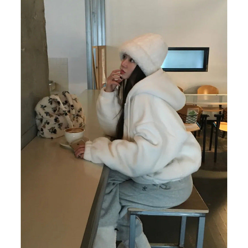 Loose Fit Zipper Hooded Furry Fleece Jacket – Plush Warm Sweatshirt Coat