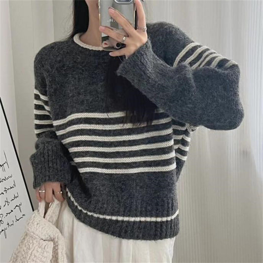 Vintage Round Neck Solid Color Striped Sweater