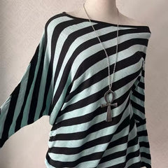 2000s Striped Loose V-Neck Top – Oversized Batwing Stripe Cardigan in Pink S–L
