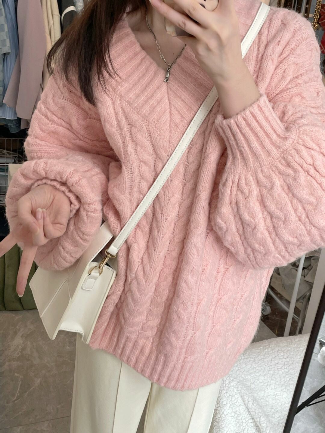 V Neck Pullover Cable Knit Sweater - fairypeony