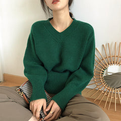 Vintage Solid Color V-Neck Sweater