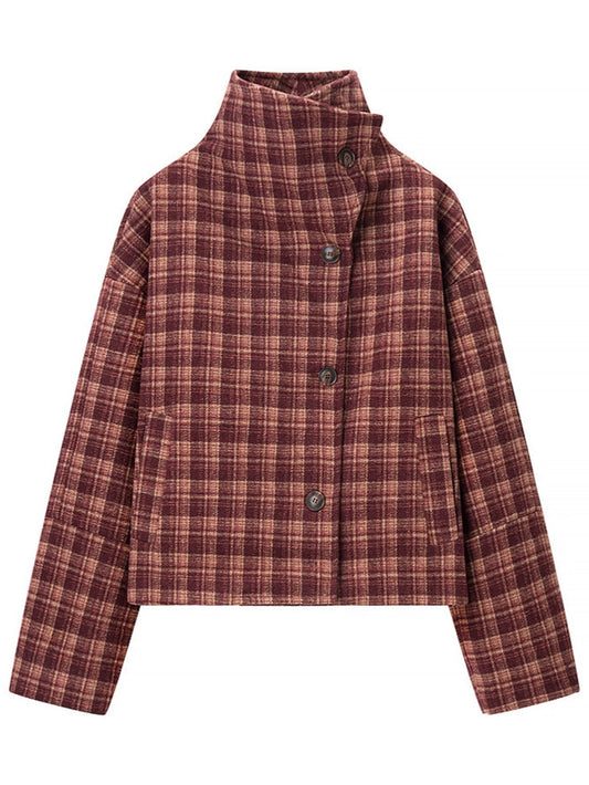 Stand Collar Wool Plaid Jacket – Retro Single-Breasted Thick Autumn Winter Coat