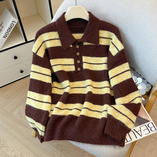 Vintage Polo Collar Striped Sweater