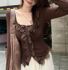 Fairy Patchwork Ruffled Lace Long Sleeve Tee