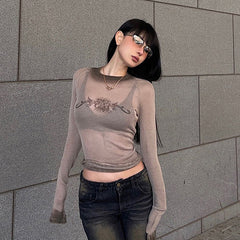 Vintage Print Mesh Long Sleeve Tee - fairypeony