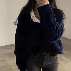 Korean Chic Cable Knit Loose Fit Pullover Sweater – Thick Warm Top