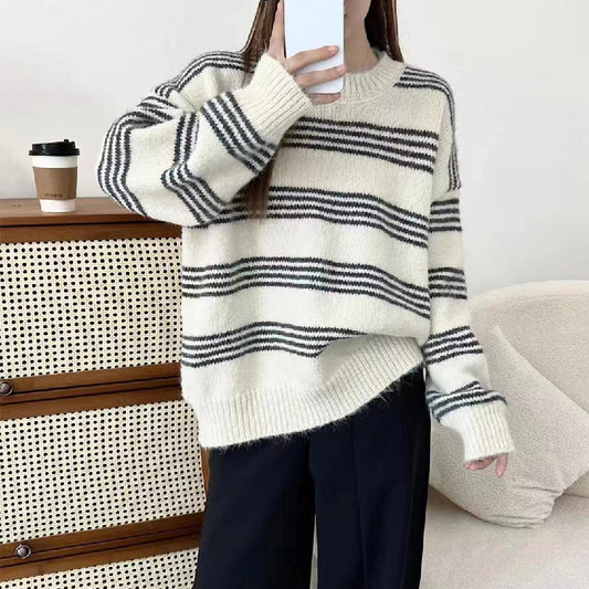 Vintage Round Neck Pullover Striped Sweater