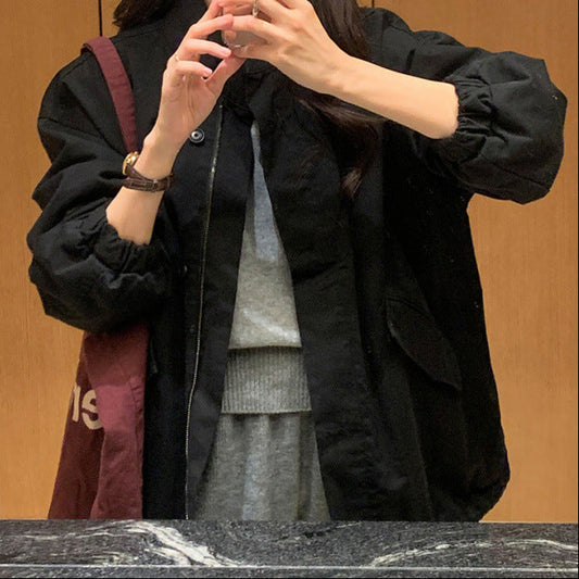 Half-Neck Zipper Loose Windbreaker Coat – Lantern Sleeve Jacket in Green Apricot Black