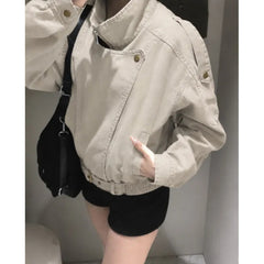 Retro Stand Collar Slim Fit Long Sleeve Woven Jacket