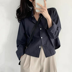 Solid Color Oversized Long Sleeve Crop Blouse