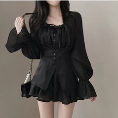 Patchwork Coquette Bow Long Sleeve Two Piece Set