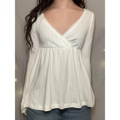 2000s Lace Patchwork Cross-Collar Babydoll Top – Wrap V-Neck in White Gray Black S–L