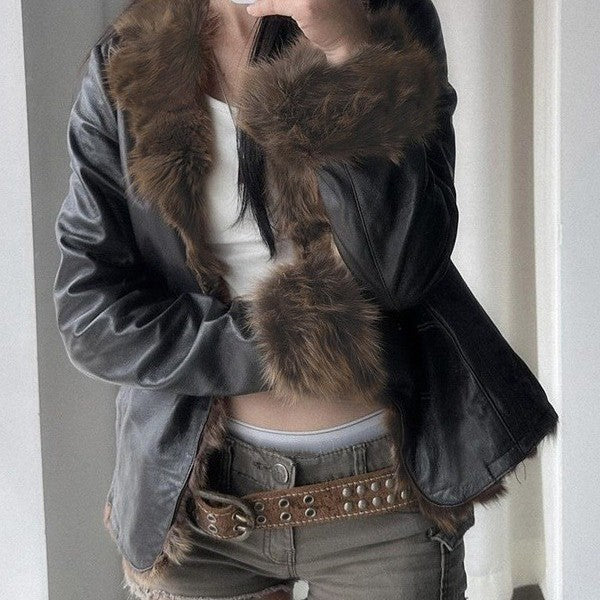 Womens Faux Fur Collar Leather Jacket