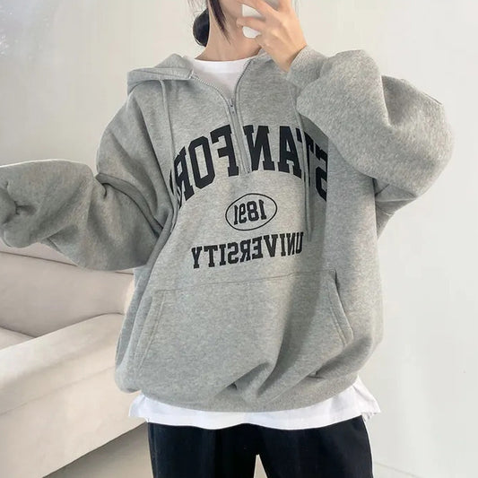 Vintage Half Zip Up Letter Print Oversized Hoodie