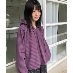 Lady's half-zipper hooded checked shirt