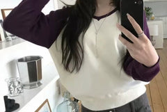 V-neck colorblock knitted sweater in White with purple sleeves