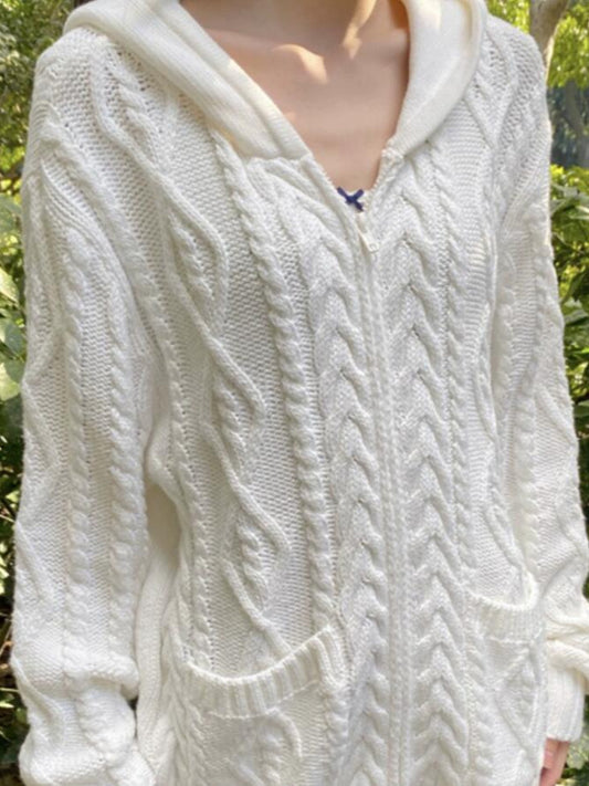 2000s White Hooded Cable Knit Cardigan – Loose Zip-Up Sweater with Pockets, One Size