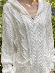 White hooded cable-knit sweater
