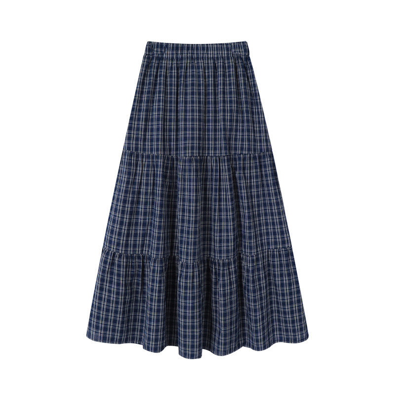 Elastic waist patchwork plaid midi skirt for women - fairypeony