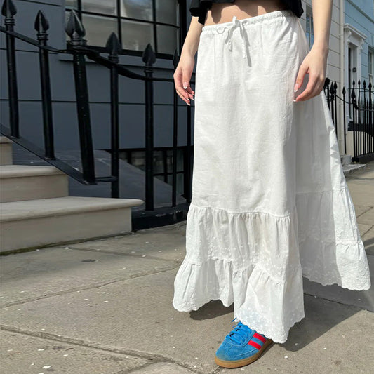 Vintage Lace Trim Ruffled Maxi Skirt