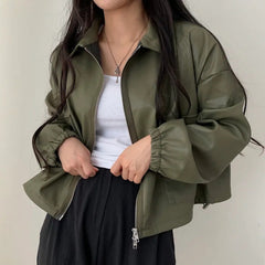 Pu Leather Big Pocket Zip Up Oversized Jacket