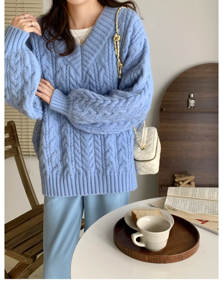 V Neck Pullover Cable Knit Sweater - fairypeony
