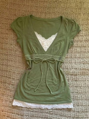 French Retro Lace Spliced Tie-Up Top