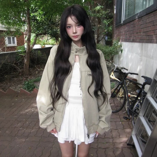Vintage stand-up collar slim-fit coat