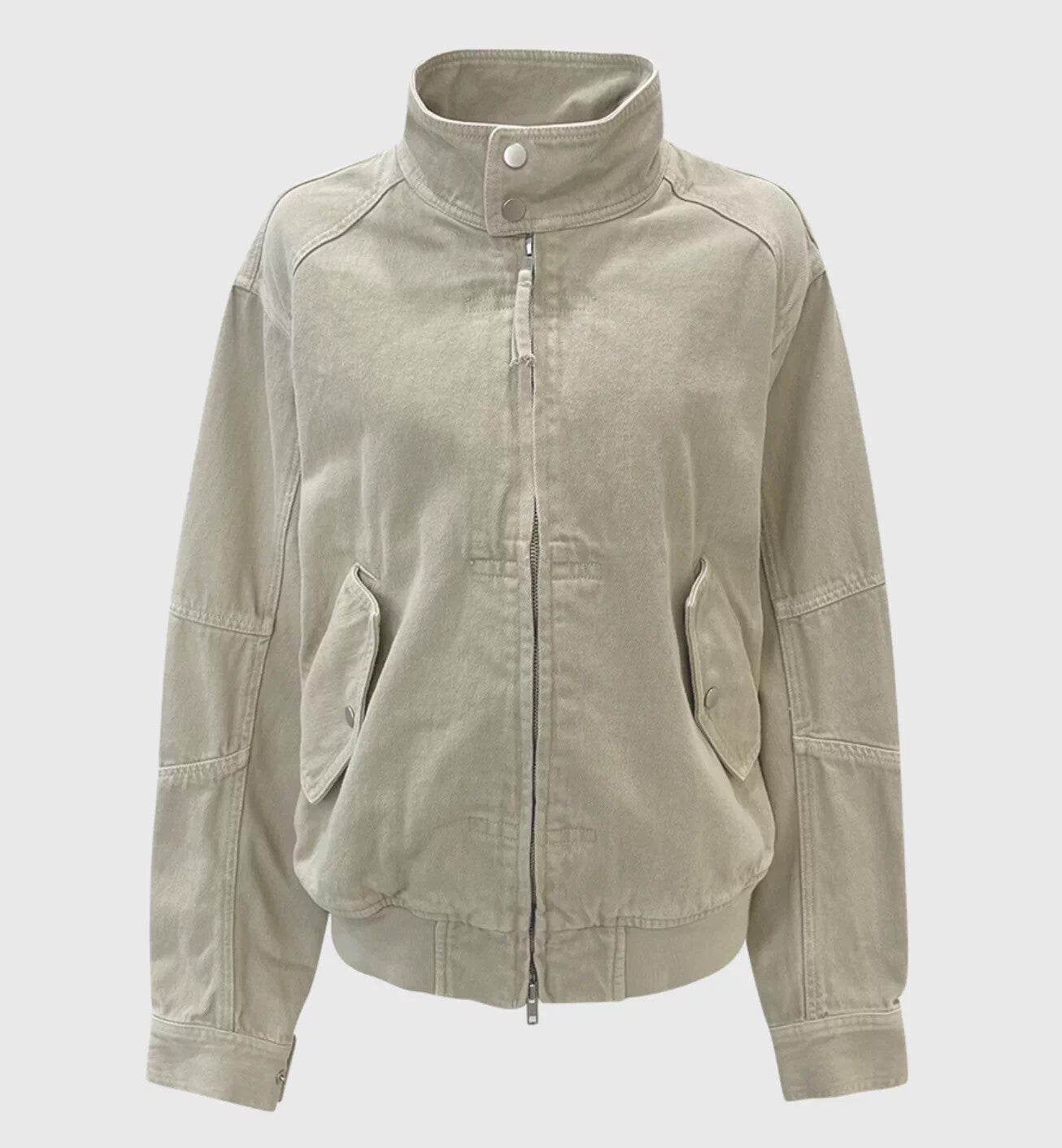 Stand collar zipper cotton jacket in beige, flat lay
