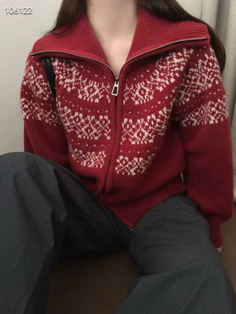 Jacquard Print Oversized Zip Up Cardigan - fairypeony