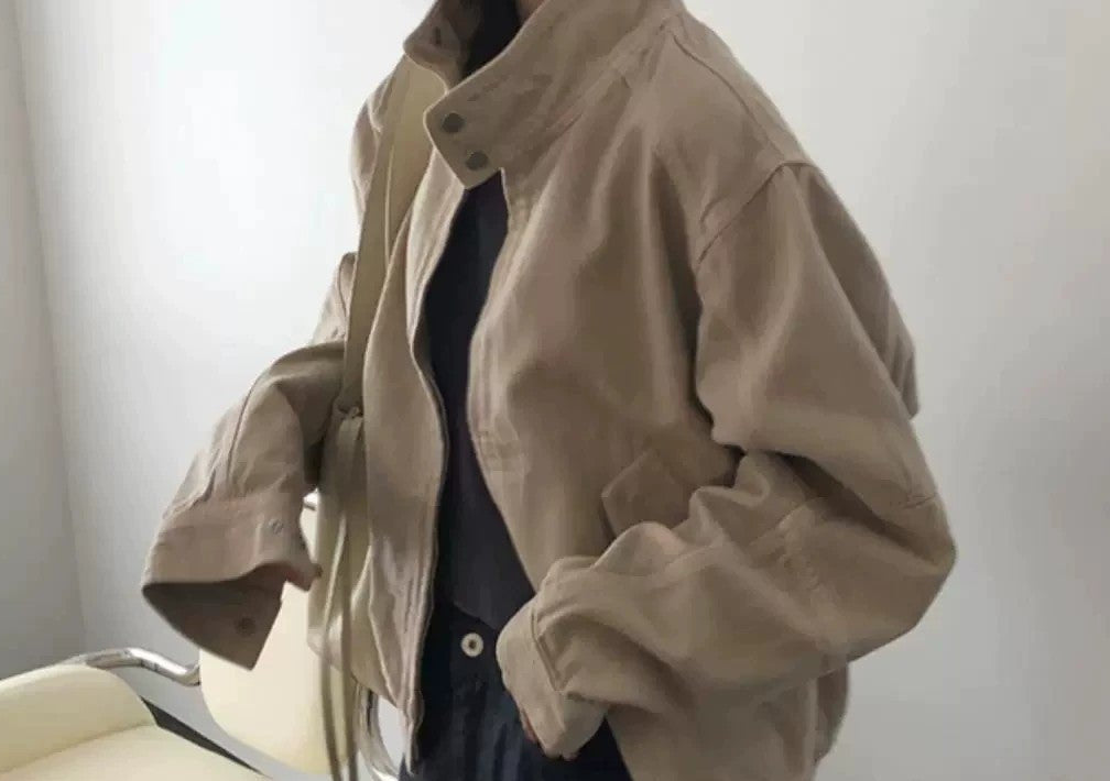 Stand collar zipper cotton jacket in beige, side view