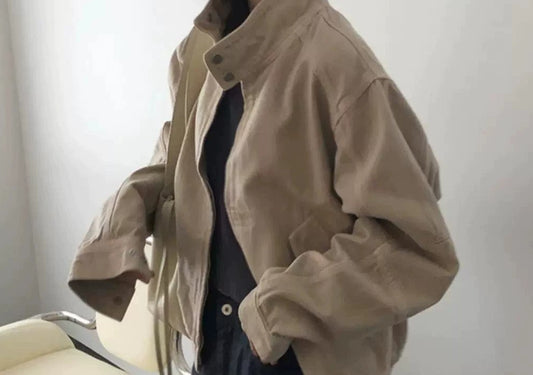 Stand collar zipper cotton jacket in beige, side view
