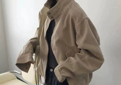 Stand collar zipper cotton jacket in beige, side view