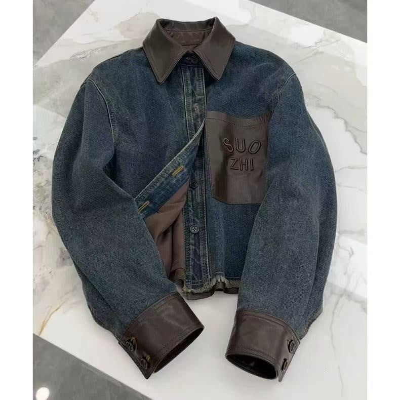 Designer Leather Accent Denim Jacket – Korean A-Line Polo Collar Coat